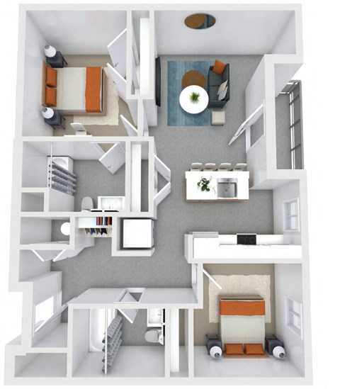 Floor plan for 2 beds, 2 baths, 953 sqft